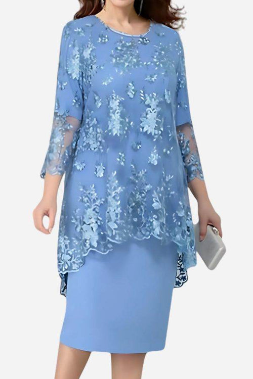 Blue elegant two-piece evening dress with lace embroidered floral details and high-low hem