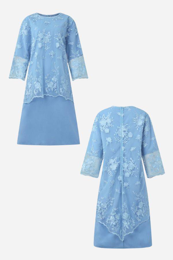 Light blue two-piece evening dress with elegant lace details and embroidery on top and sleeves