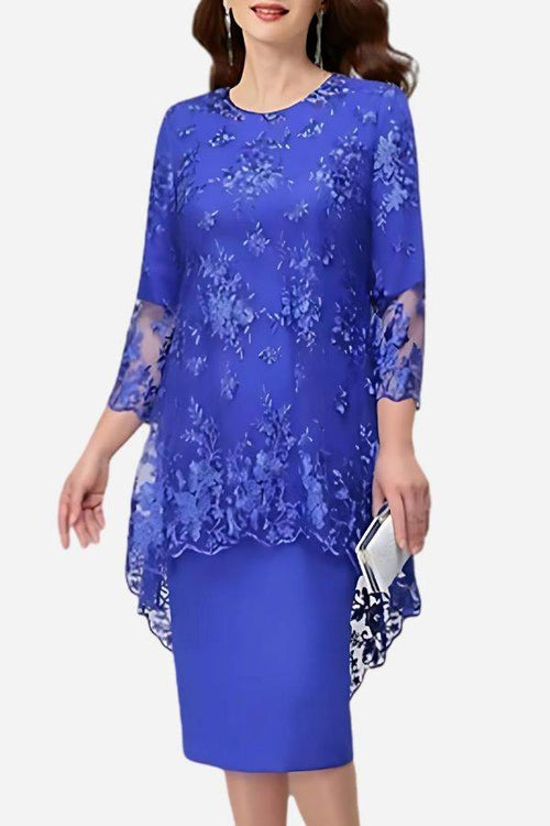 Royal blue two-piece evening dress with elegant lace details and embroidery