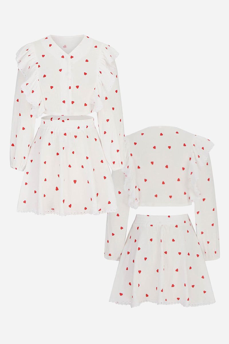 Sweet Countryside 100 Cotton white ruffled two-piece set with red heart prints for women