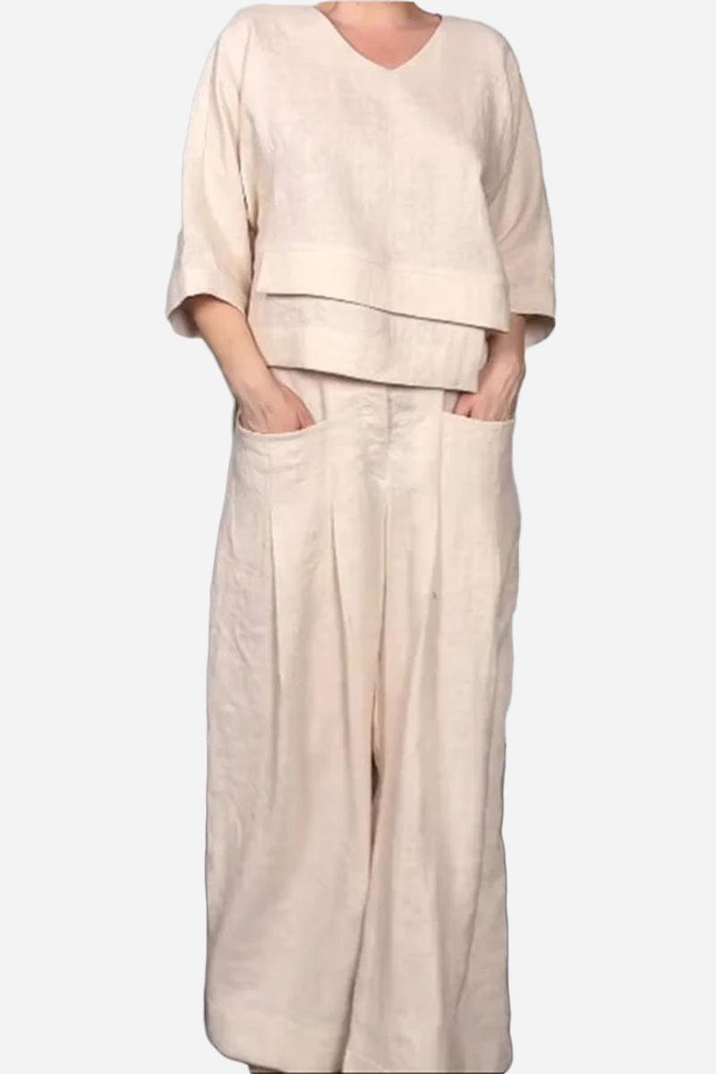 Atelier Serenity Layered Two-Piece Set beige relaxed fit layered V-neck top and wide-leg trousers
