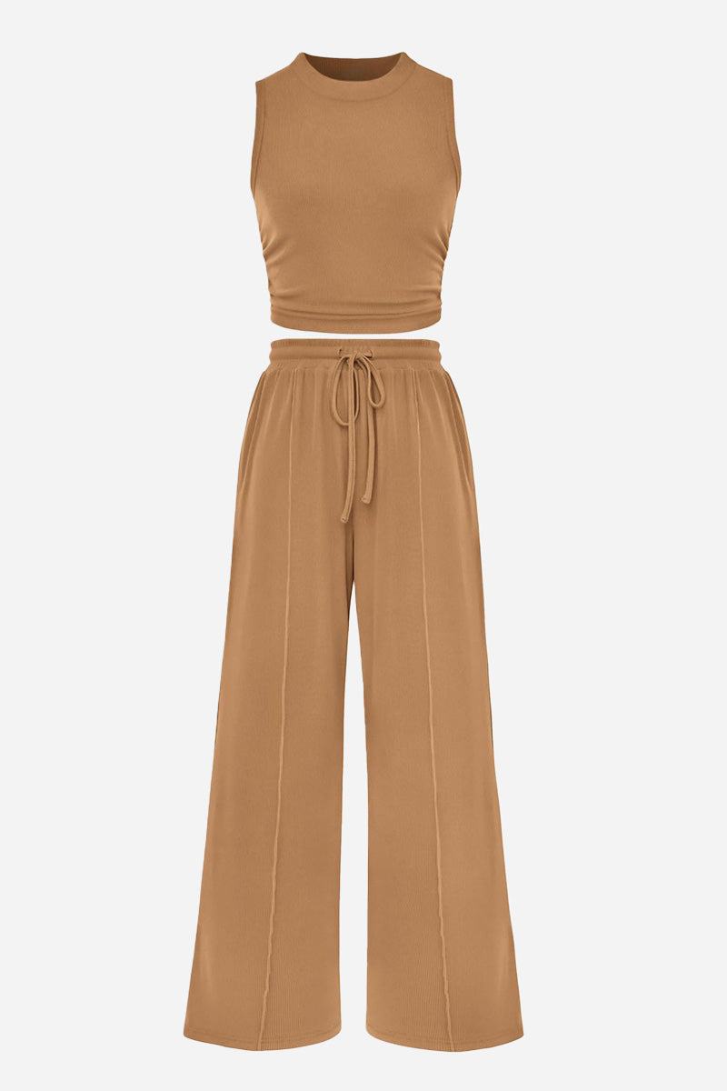 Stroll & Hangout Ribbed Knit two-piece set with sleeveless crop top and wide-leg pants in camel brown