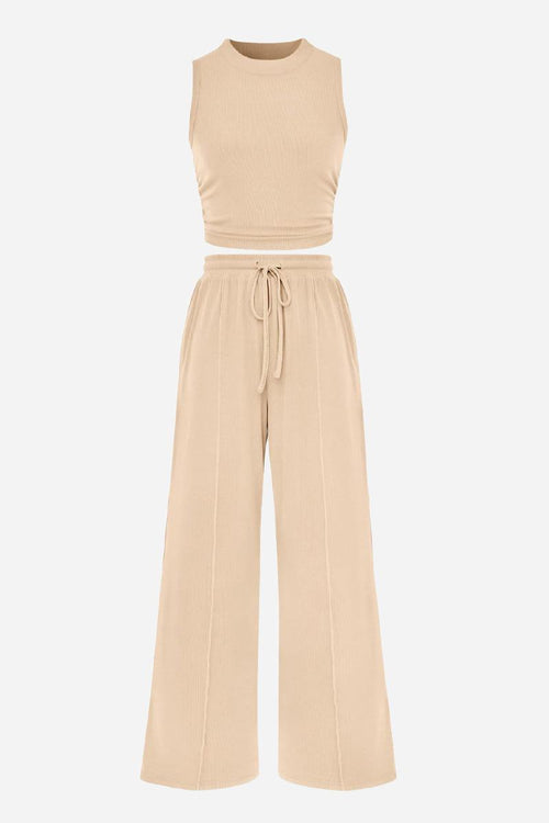 Stroll & Hangout Ribbed Knit beige sleeveless top and wide-leg pants two-piece set