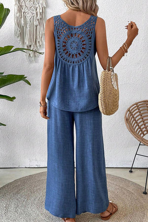 Women's blue Dreamcatcher Crochet-Back sleeveless top and wide-leg palazzo pants two-piece set