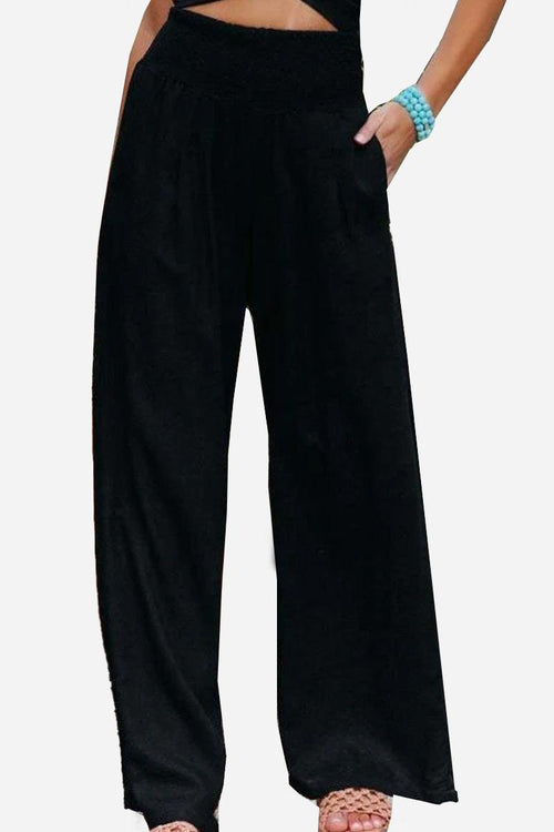 Black linen-cotton blend palazzo pants from Linen Breeze Set, breathable and soft summer wear.