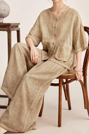 100% linen stone-washed two-piece set with button-up top and wide-leg pants in muted earthy tones