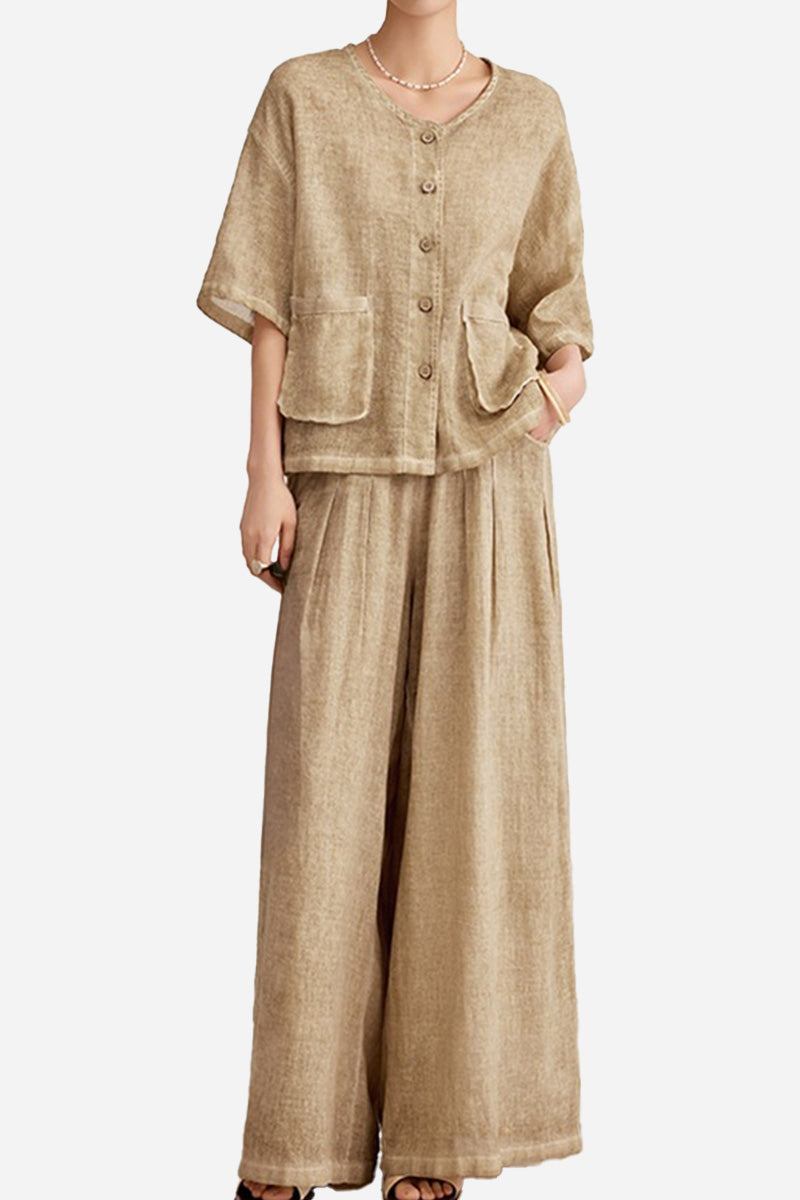 Woman wearing 100% linen stone-washed beige button-up top with double pockets and wide-leg palazzo pants set