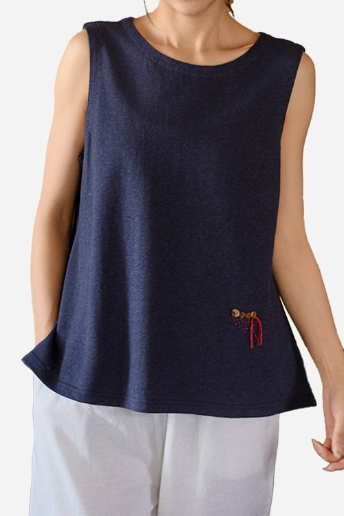 Dandelion Fields Cotton Linen sleeveless navy top with embroidered detail