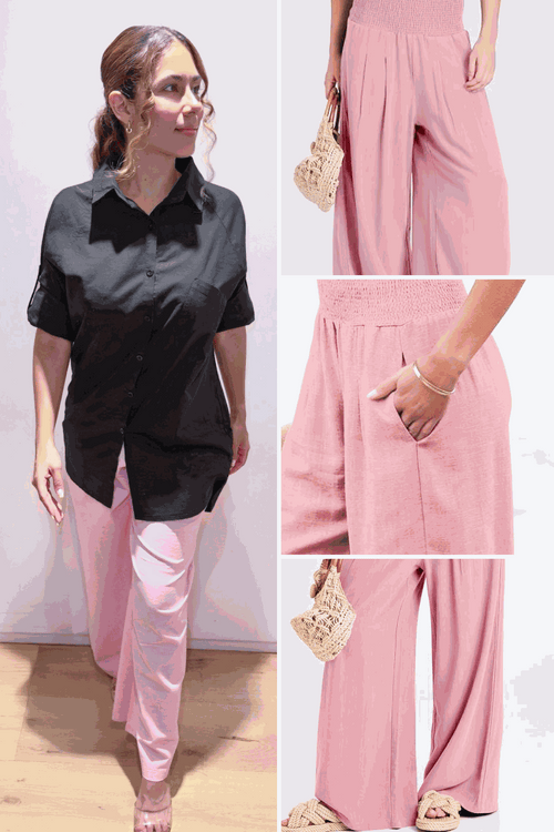 Woman wearing oversized linen leaved-IN set with black linen-blend shirt and pink flowy palazzo pants with pockets and elastic waistband.