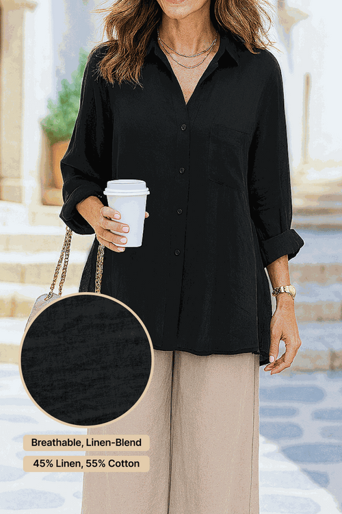 Woman wearing oversized linen-leaved in set with black linen-blend shirt and beige palazzo pants, breathable fabric, casual summer outfit