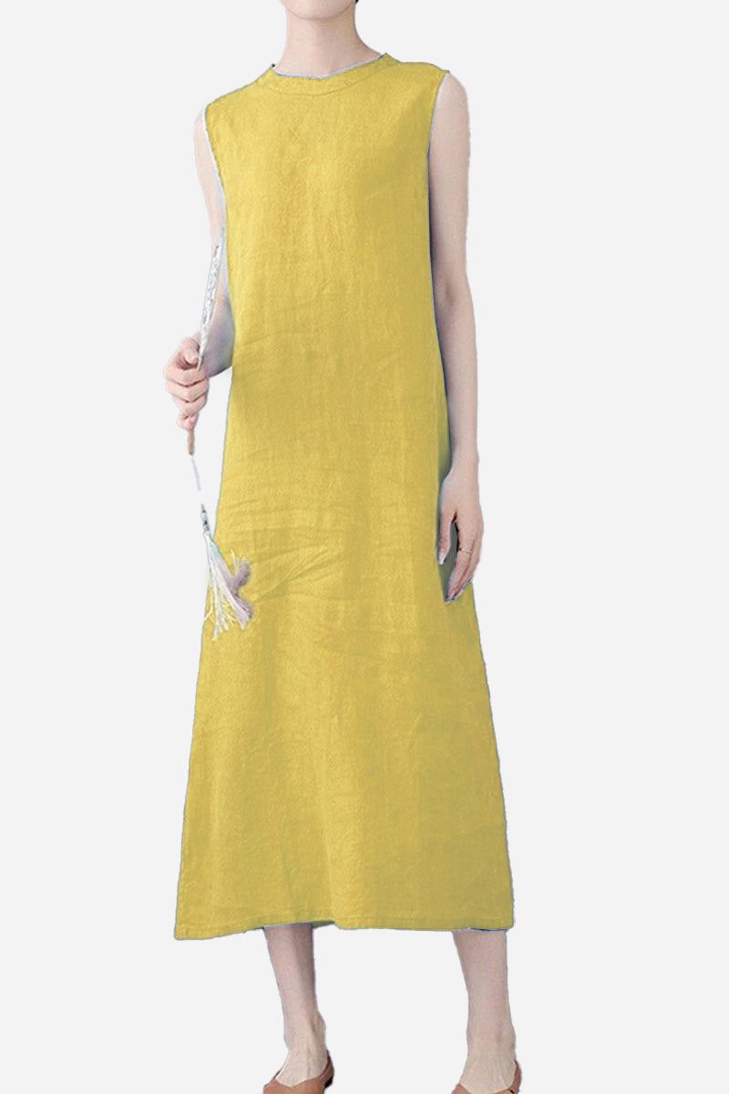 Sunrise Market 100 linen midi dress sleeveless yellow breathable summer dress with relaxed A-line fit
