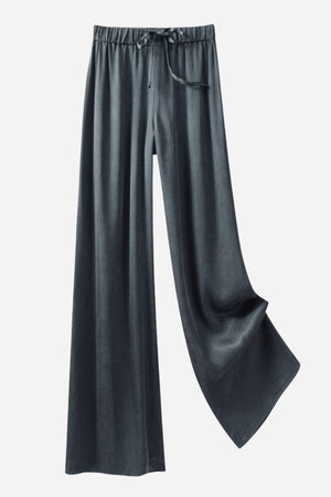 Subtle Moves silk wide leg trousers in dark grey with high waist and drawstring detail, flowy and breathable silk blend fabric.