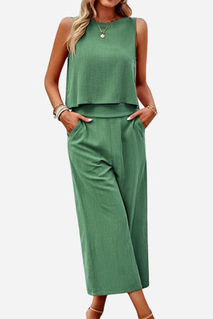 Green Villa Lounge Linen Set with sleeveless cropped top and wide-leg pants, soft breathable fabric, and elastic waistband