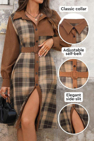 Retro corduroy dress with plaid pattern, classic collar, adjustable self-belt, and elegant side slit.