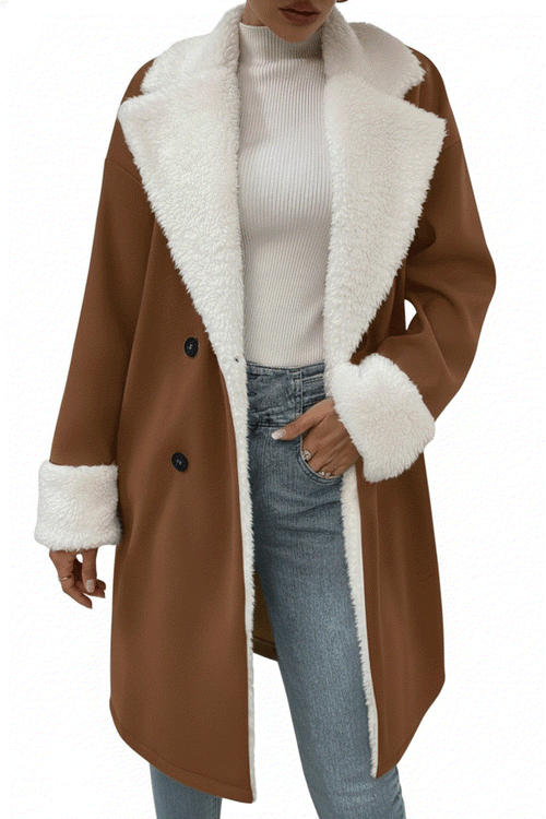 Nordic Warmth Shearling-Lined Coat brown with white faux shearling trim in stylish double-breasted design