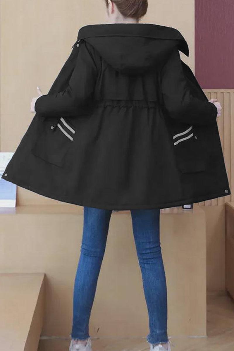 Cityscape Comfort Hooded Windbreaker black with plush lining and hood, shown open on model wearing jeans.