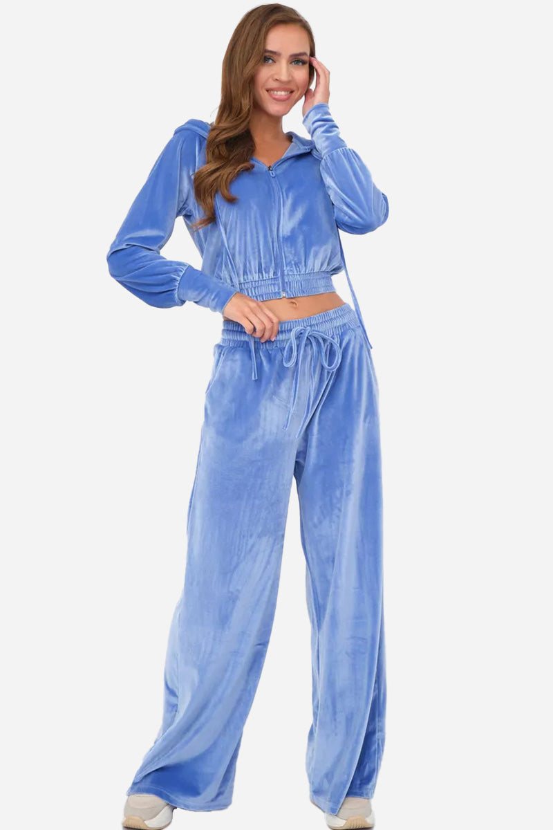 Women's blue cropped velour tracksuit with hoodie and high-waist pants