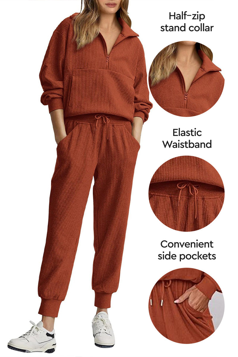 Unisex half-zip pullover and sweatpants set in rust color with stand collar, elastic waistband, and side pockets for casual comfort and style