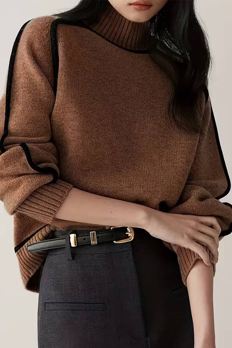 brown zero itch turtleneck sweater with black contrast trim, soft knit, and relaxed modern fit