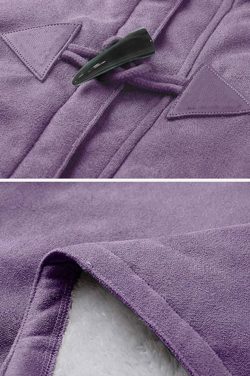 Close-up of purple Warm Toggle Button Hooded Coat with faux suede exterior and sherpa lining details