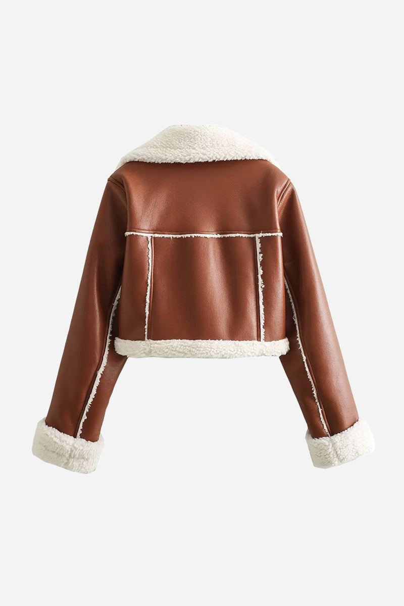 Brown cropped faux leather jacket with cream sherpa lining and trim