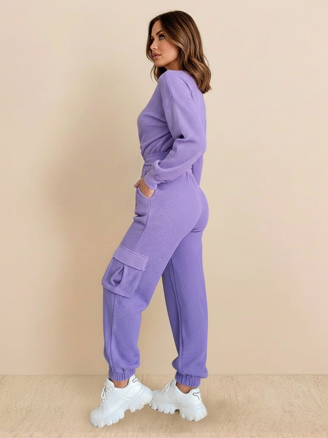 Woman wearing lavender cotton waffle knit set with cargo pockets and elastic cuffs