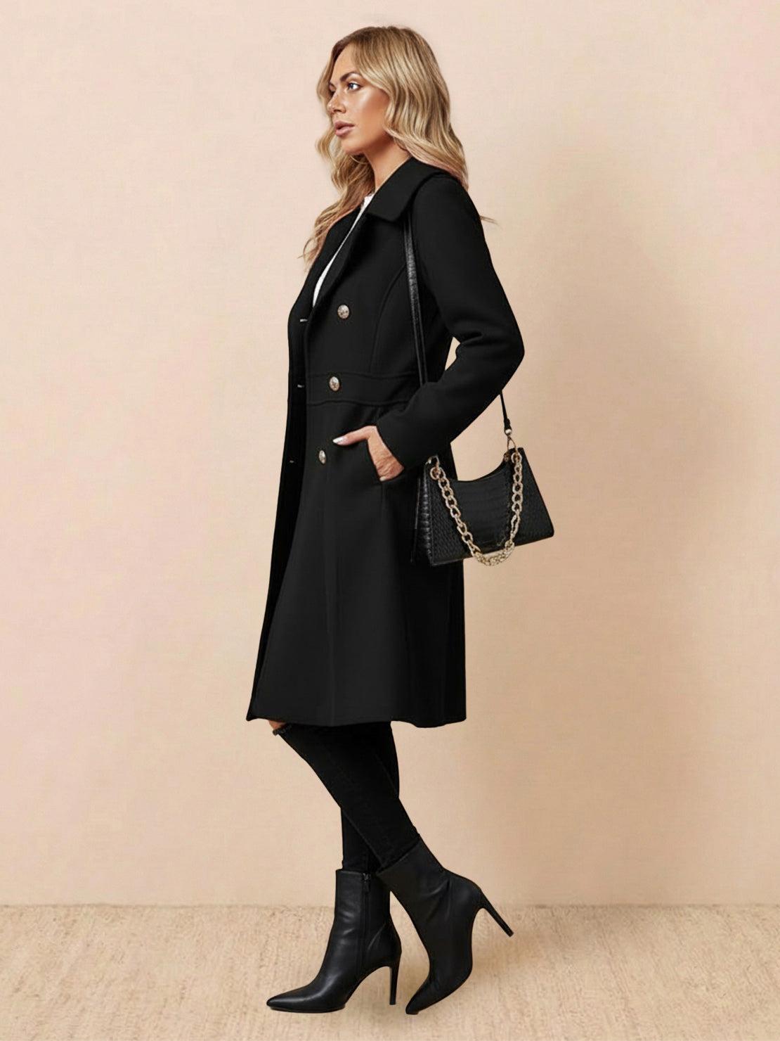 Tailored fit and flare trench coat with A-line silhouette and double-breasted buttons