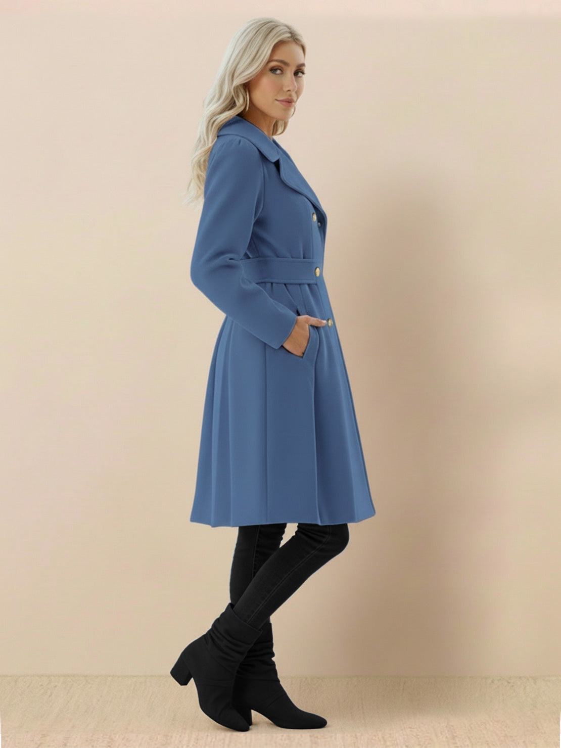 Tailored fit and flare trench coat with A-line silhouette and double-breasted buttons