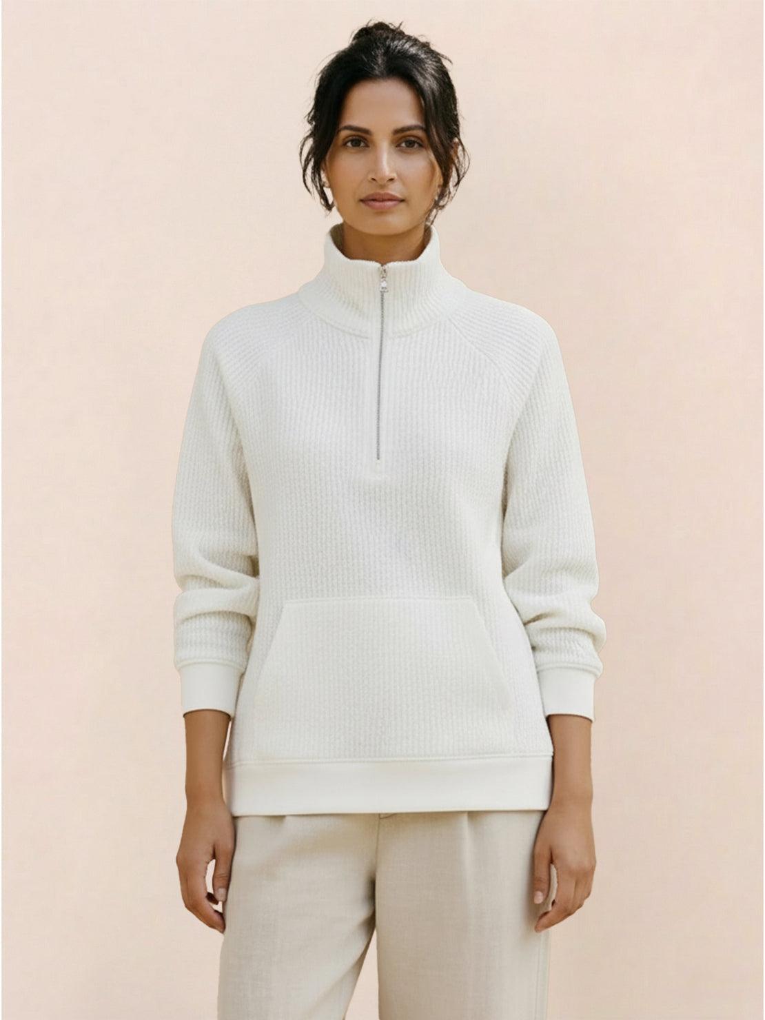 Half-Zip waffle pullover in neutral tone with kangaroo pocket and fold-over collar, cozy textured knit perfect for casual wear