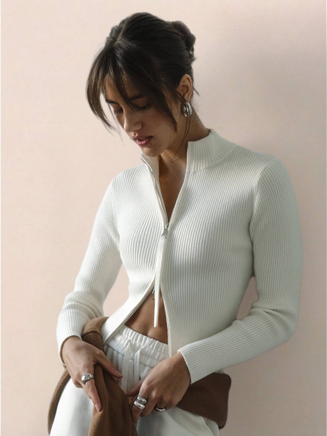 Women's zip-up knit cardigan jacket with vertical ribbing and high neckline