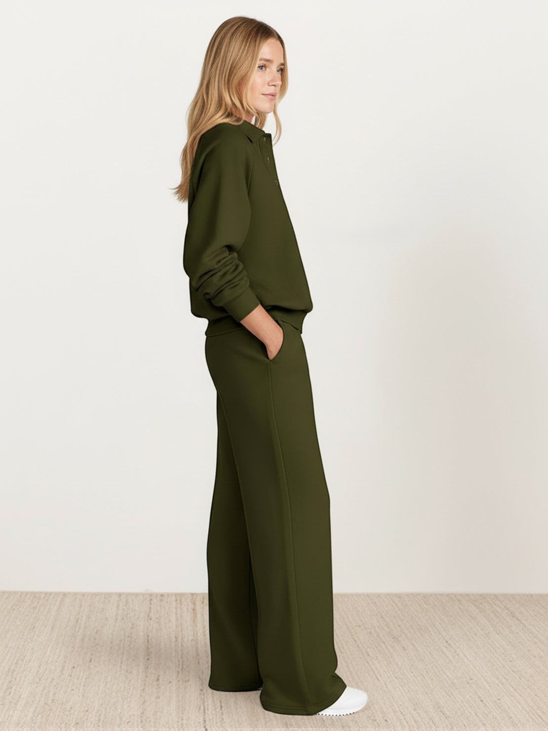 Wrinkle-free casual two-piece polo set with structured breathable fabric and high-waisted pants