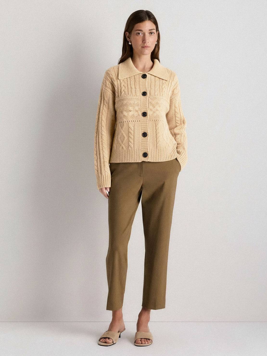Wool-blend button-front cardigan with wide collar and five buttons for lightweight warmth and layering