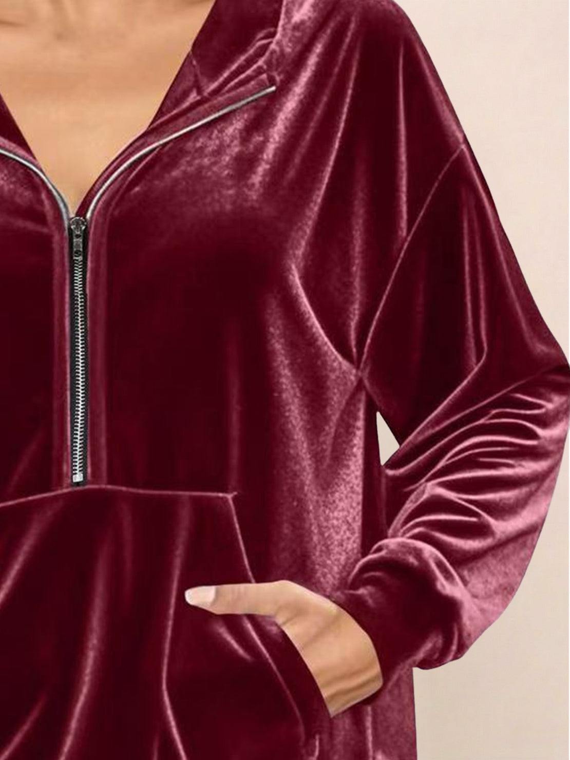 Ultra-soft velvet half-zip hoodie with hood and kangaroo pocket