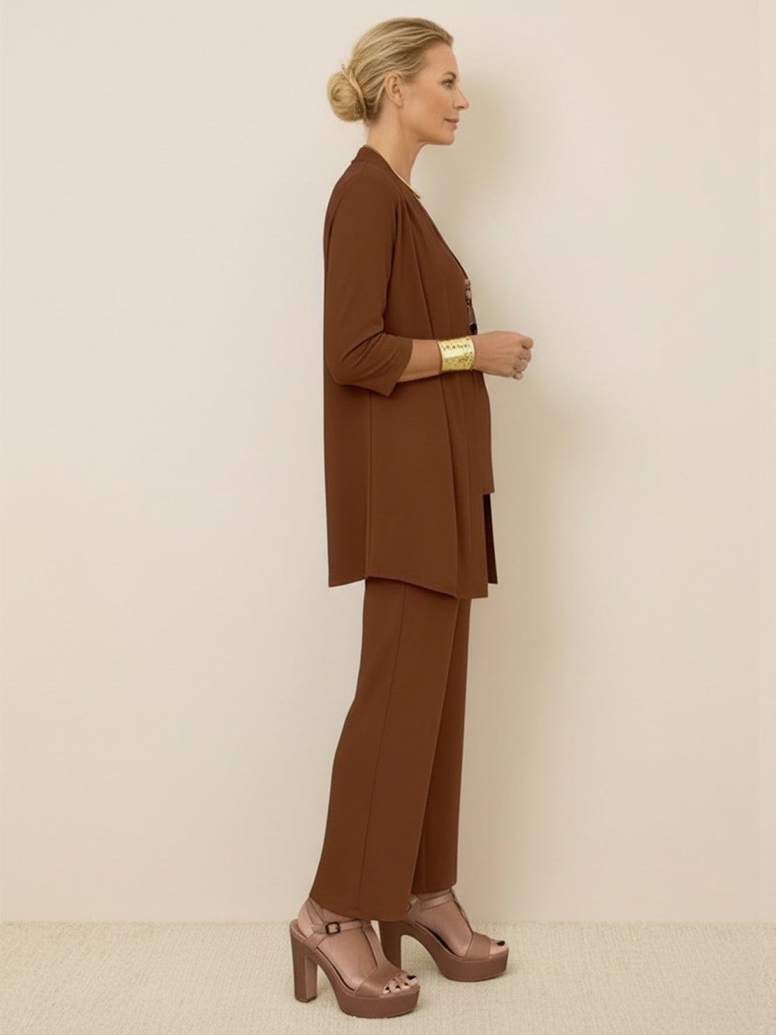 Open-front three-piece co-ord with longline cardigan, tank top, and wide-leg trousers in lightweight knit fabric