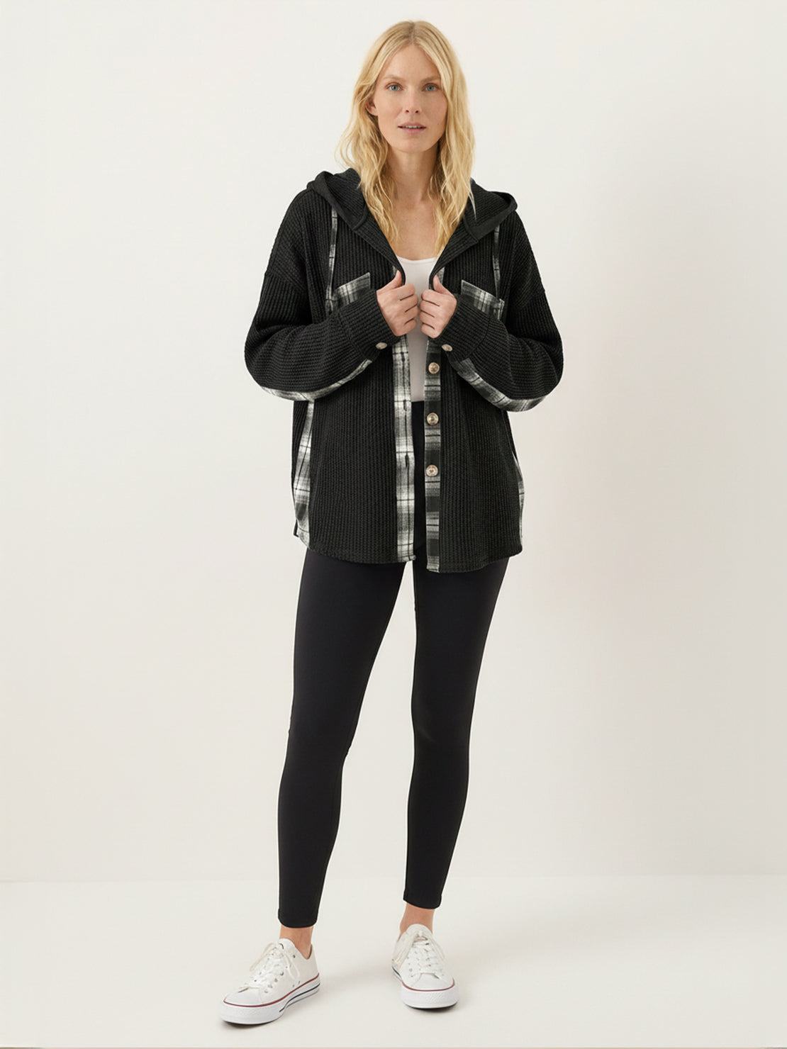 CloudKnit oversized hooded shacket with waffle knit texture and button-front closure