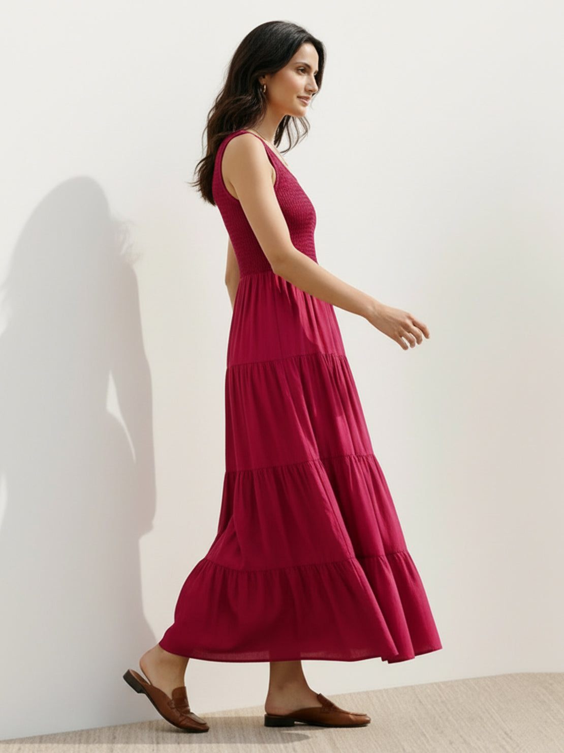 Smocked sleeveless maxi dress with scoop neckline and tiered skirt in lightweight breathable fabric