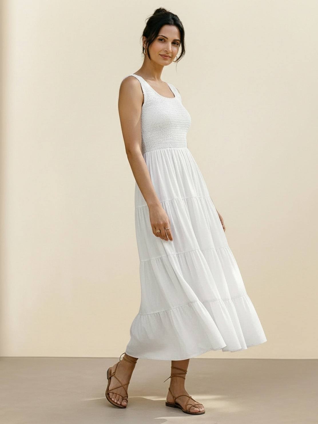 Smocked sleeveless maxi dress with tiered skirt and scoop neckline in lightweight fabric