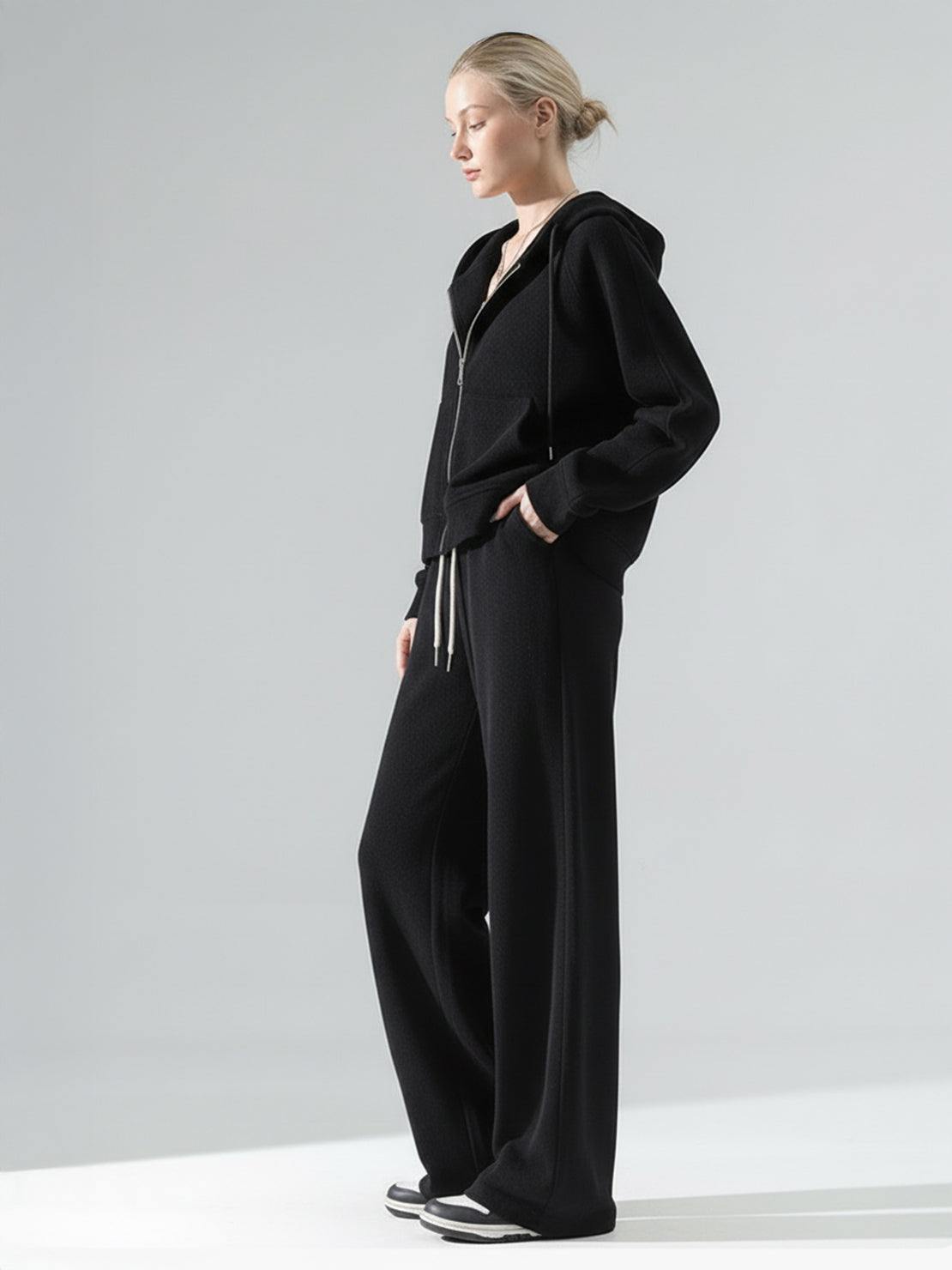 Chenille zip-up loungewear set with hoodie and wide-leg pants in soft fabric