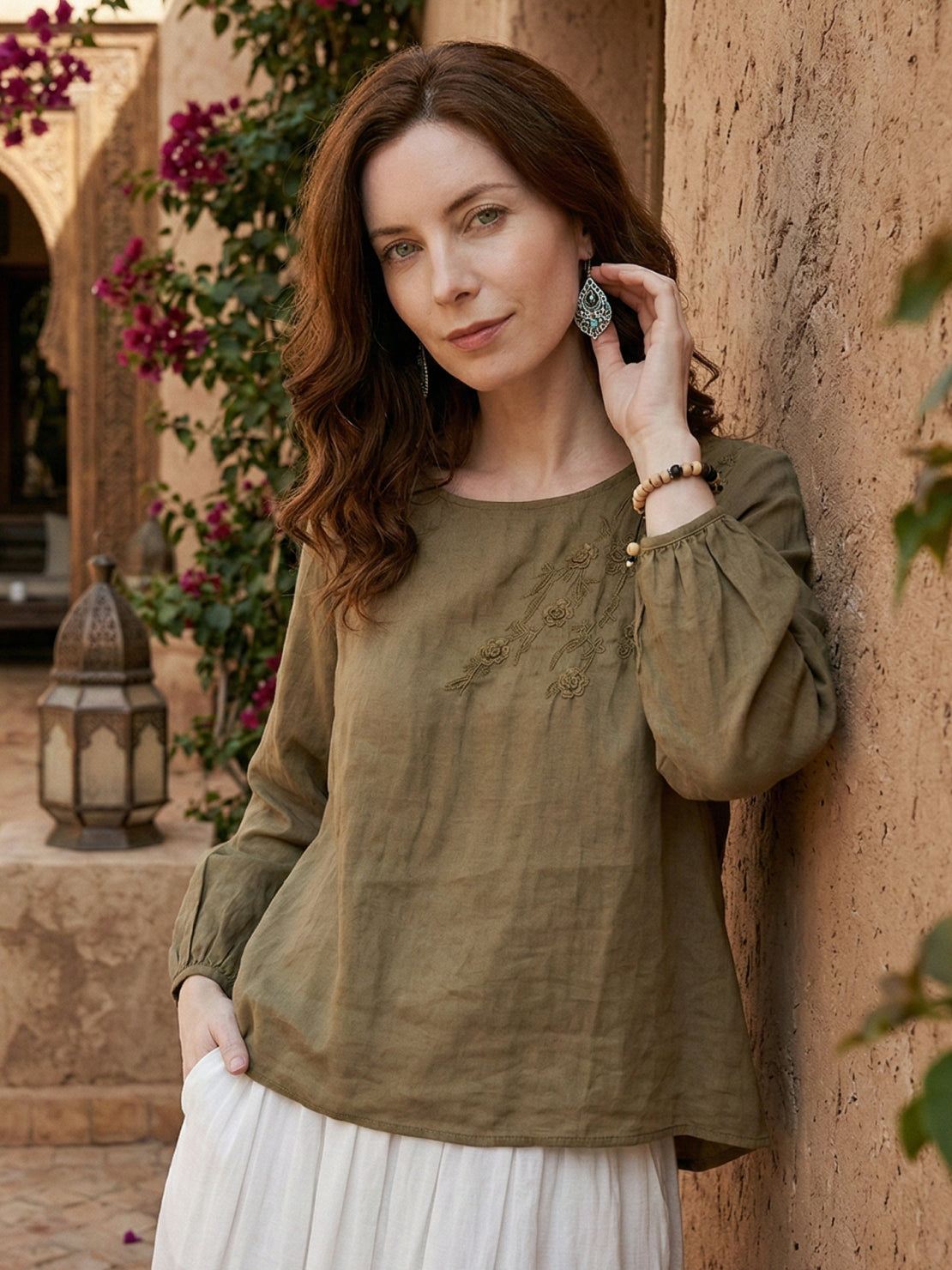 Cotton-linen embroidered blouse with relaxed boxy fit, 3/4 balloon sleeves, and tonal floral embroidery on shoulder