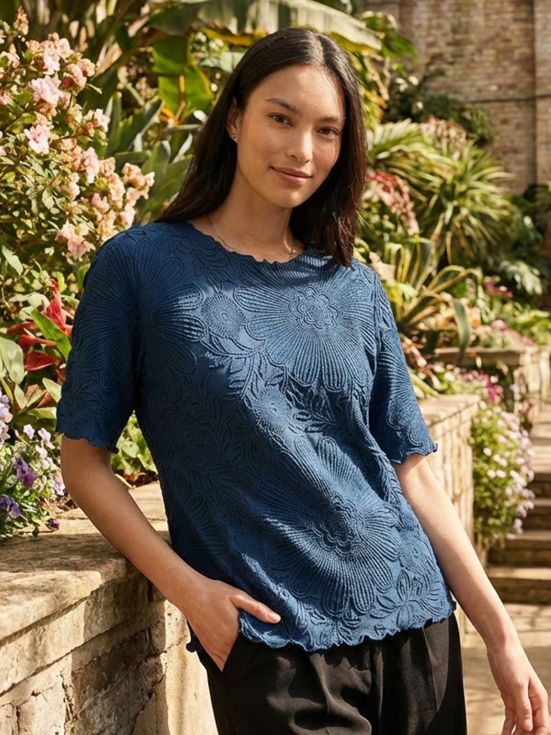 Floral Jacquard Pleated Top with 3D floral texture and flutter sleeves