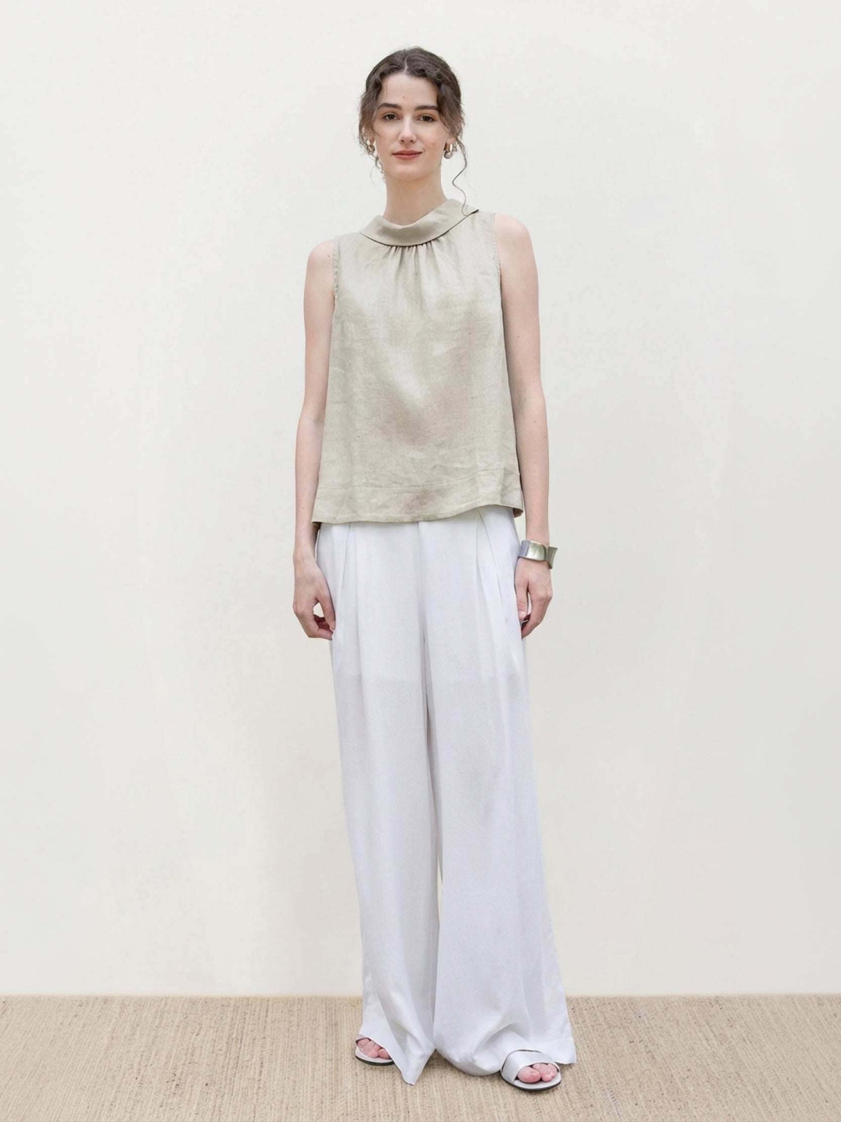 Sleeveless 100% linen cowl-collar top with boxy relaxed fit and slight A-line flare hem