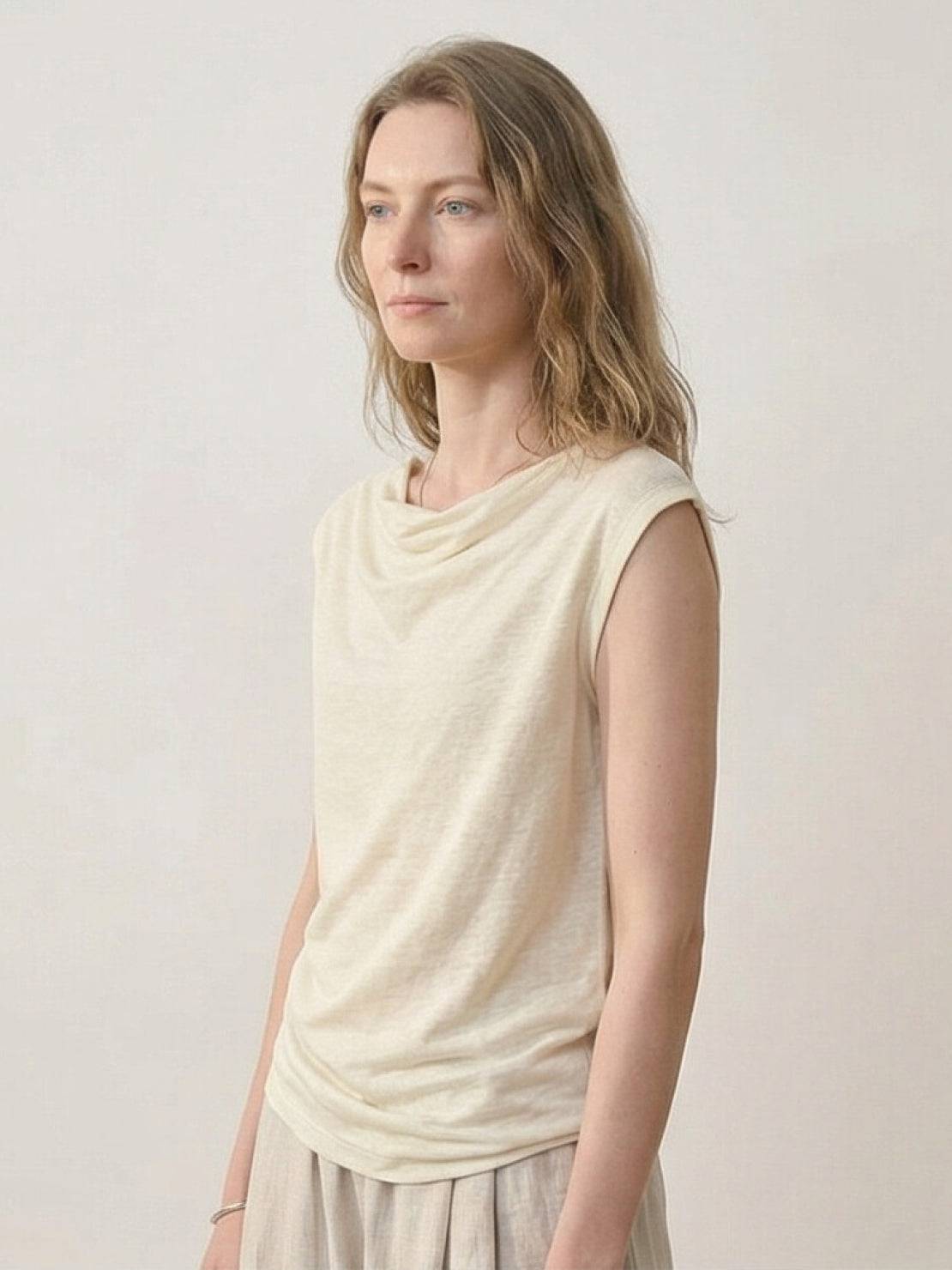 100% linen sleeveless vest with cowl drape and boat neck styles on white background