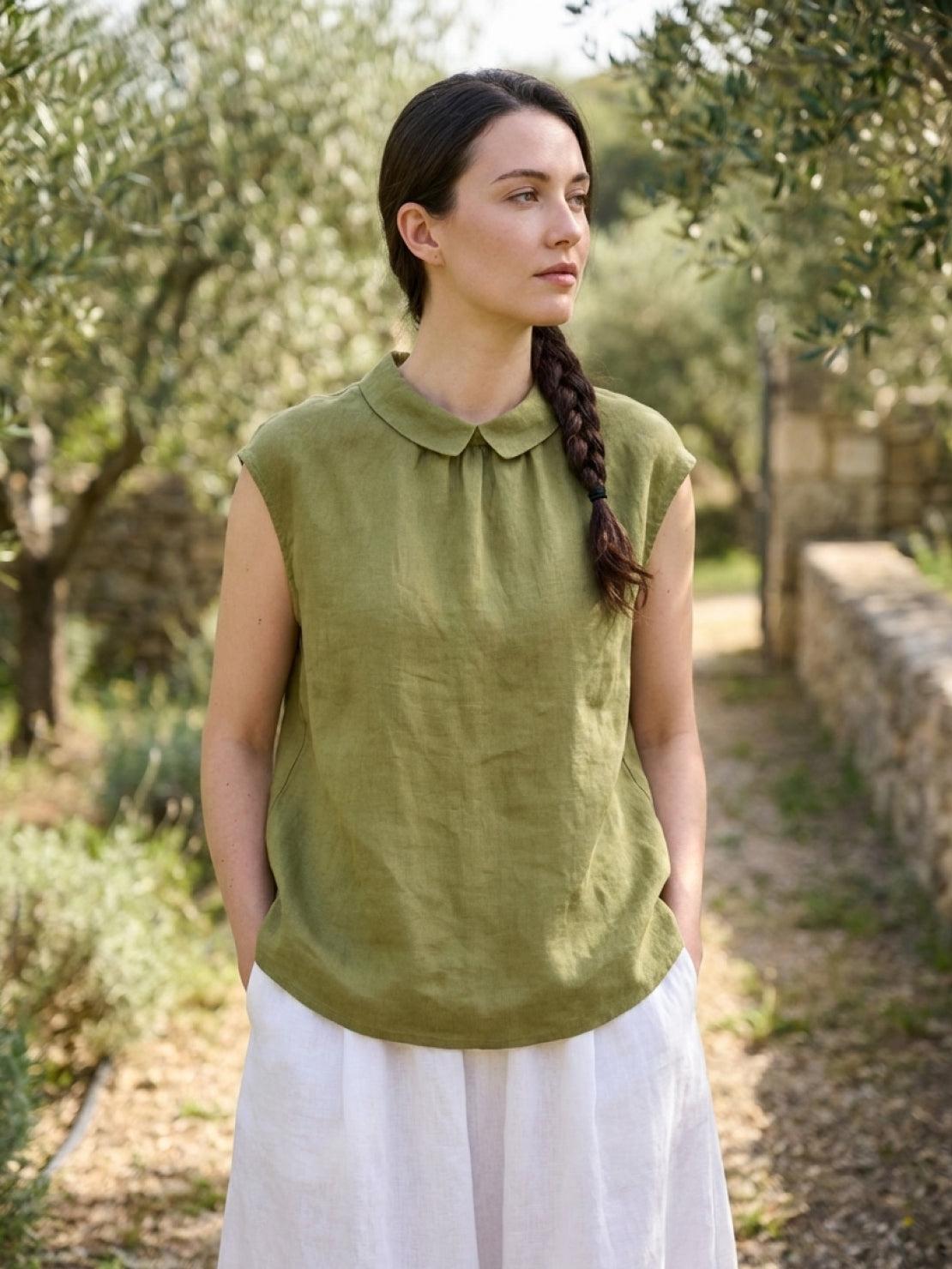 100% linen two-way button blouse with Peter Pan collar and cap sleeves