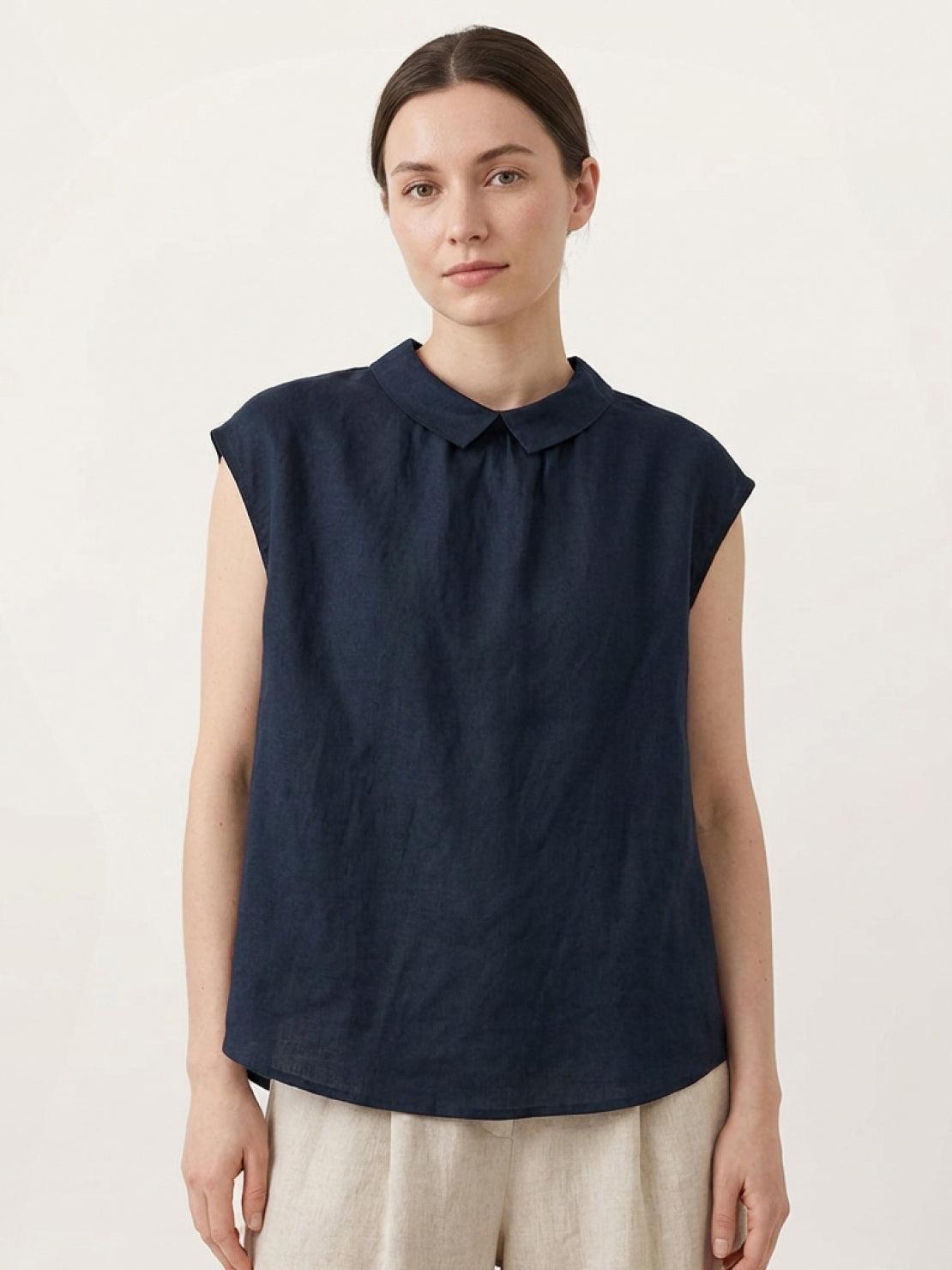 white 100% linen two-way button blouse with Peter Pan collar and cap sleeves