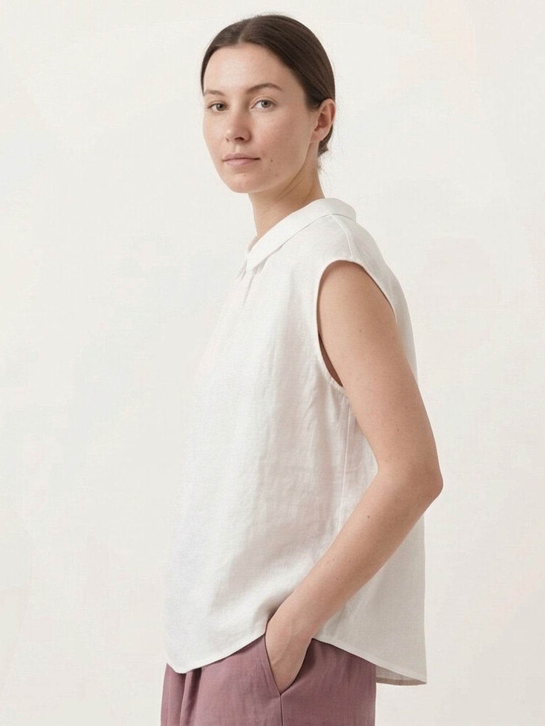 100% linen two-way button blouse with cap sleeves and Peter Pan collar