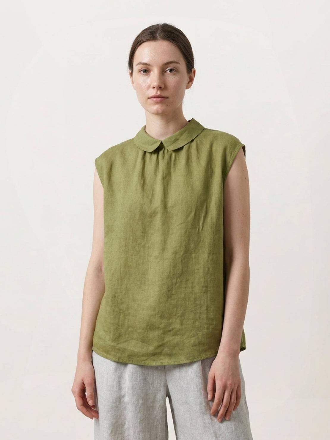 White 100% linen two-way button blouse with Peter Pan collar and cap sleeves