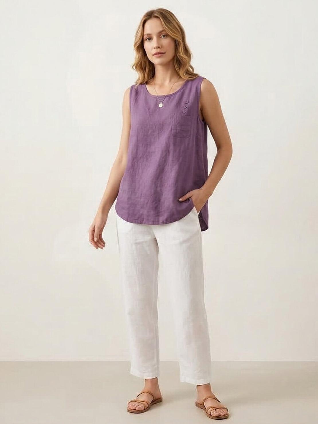 Lightweight sleeveless cotton linen top with curved hem and chest pocket detail