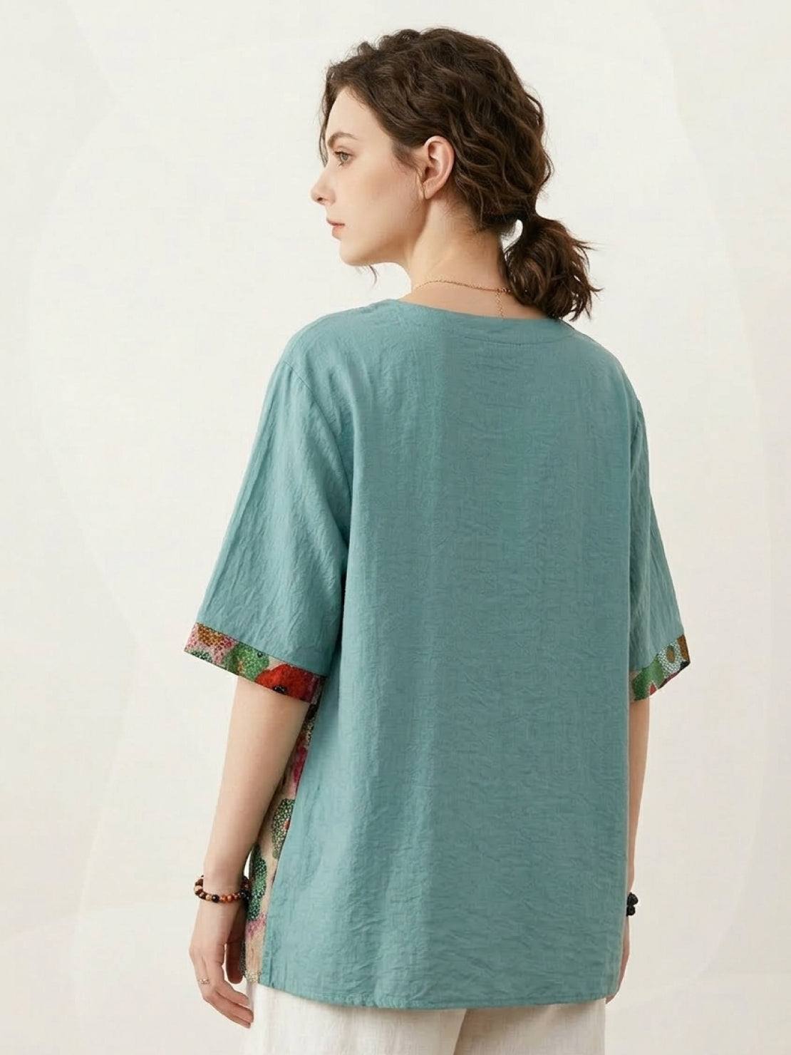 Oversized cotton linen shirt with round neckline and floral patchwork panel