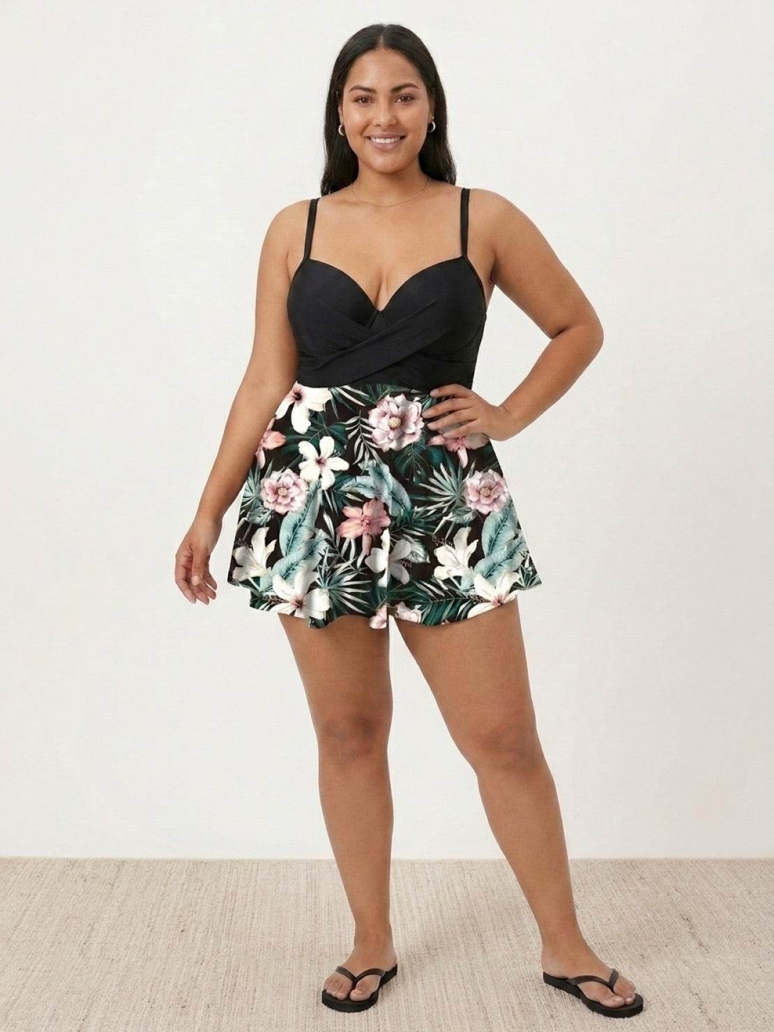 Tropical crossover skirted one-piece swimsuit with deep-V top and floral high-waist skirted bottom
