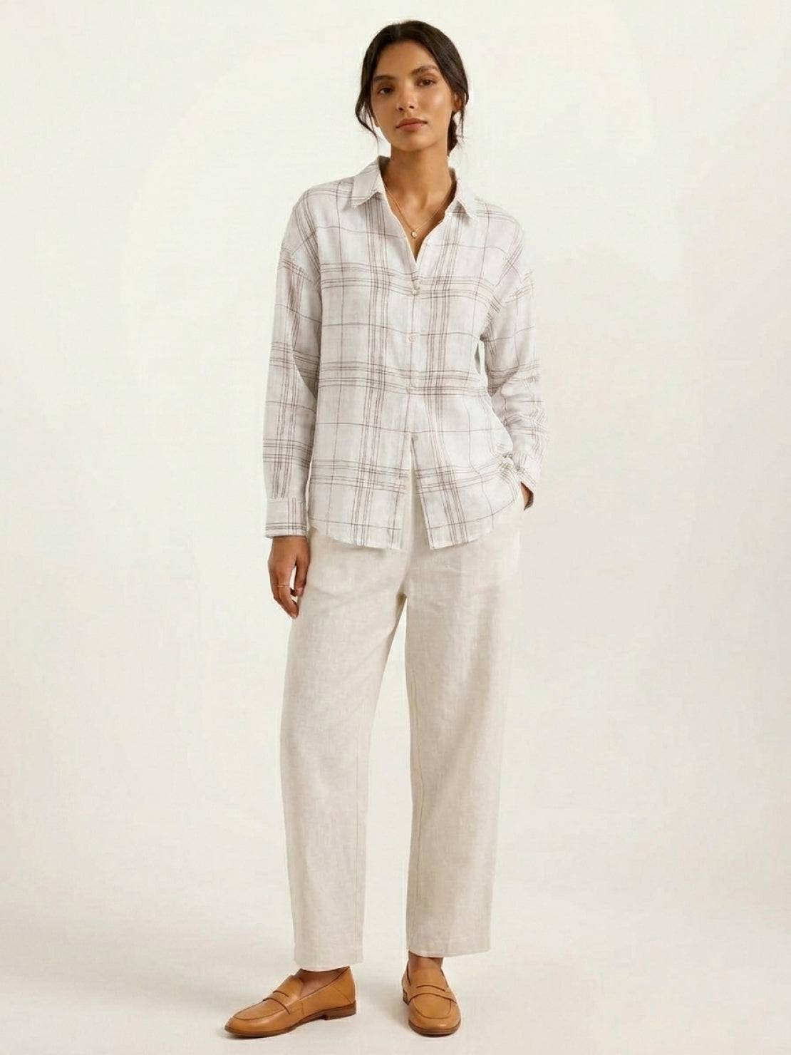 Semi-sheer 100% cotton plaid shirt with drop-shoulder fit and mother-of-pearl buttons
